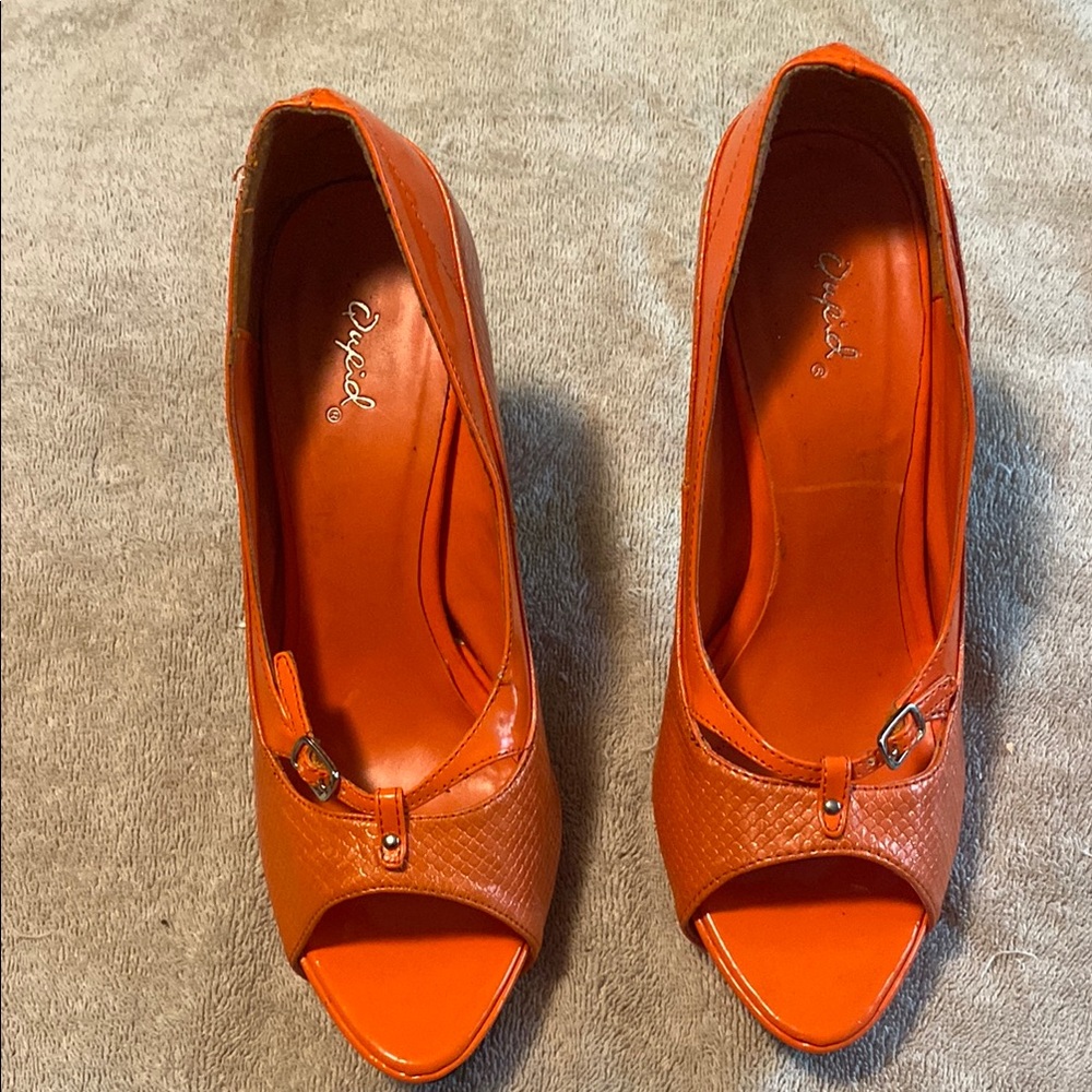 Qupid Orange Peep-Toe Heels